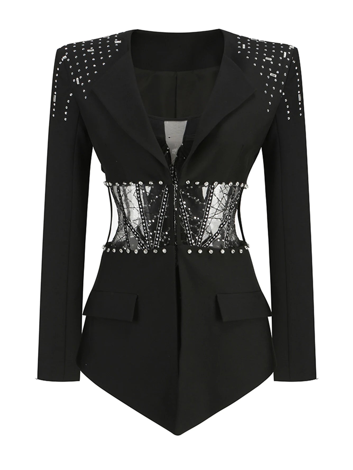 Conjunto de 2 Piezas Mono de Lentejuelas sin Tirantes + Blazer Manga Larga