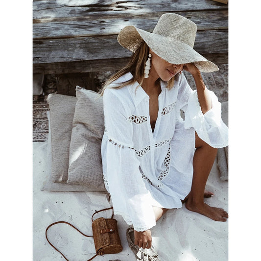 Vestido playero de playa, túnica calada de crochet con encaje para cubrir bikini