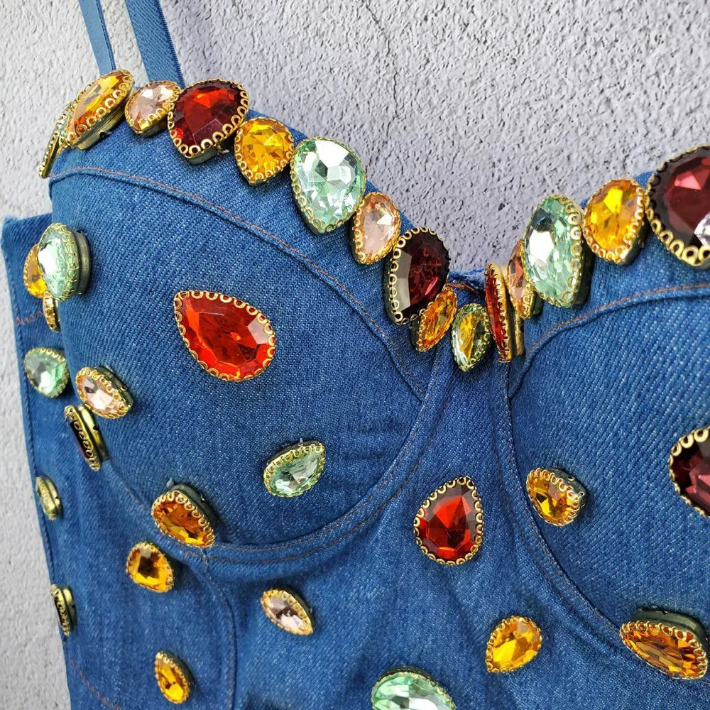 Crop Top denim con brillantes