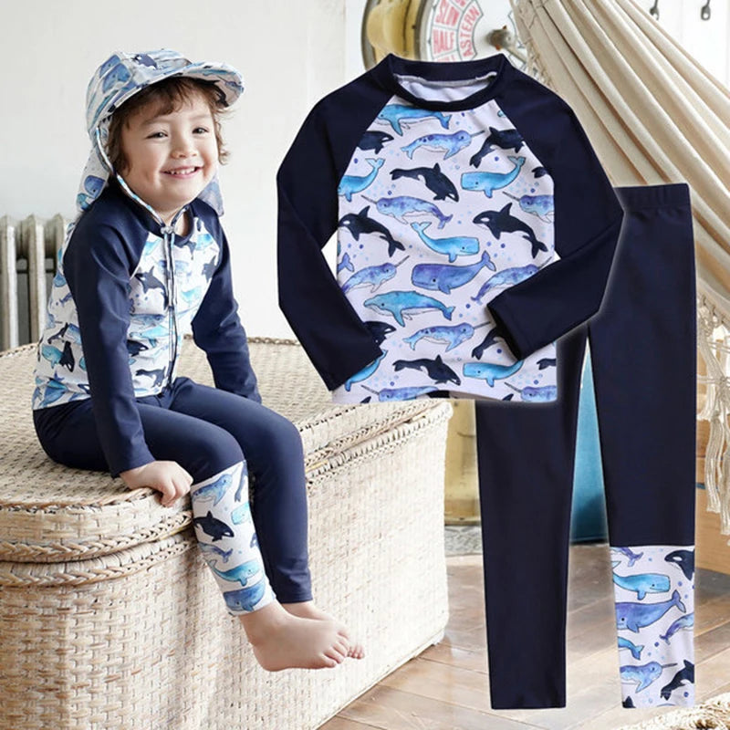 Traje de baño de 3 piezas para niño con estampado de tiburón, UPF50+