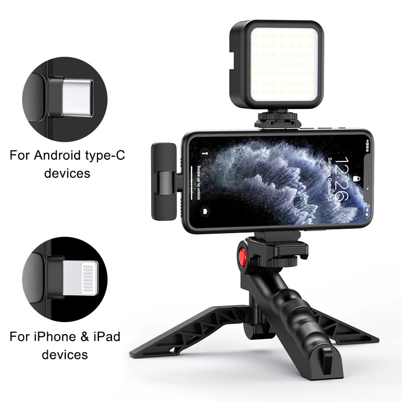 Equipo de Kit de Vlogging. Trípode para Teléfono con Micrófono de Solapa Inalámbrico 2.4G para iPhone, Smartphone Android, Tableta y Cámara SLR