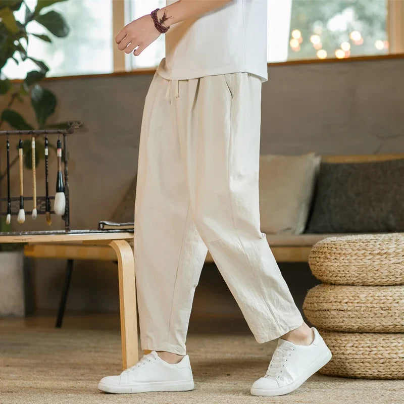 Pantalones para hombres de algodón y lino, moda casual