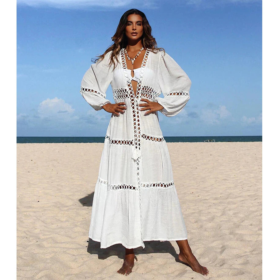 Beach dress, openwork crochet tunic with lace to cover up bikini