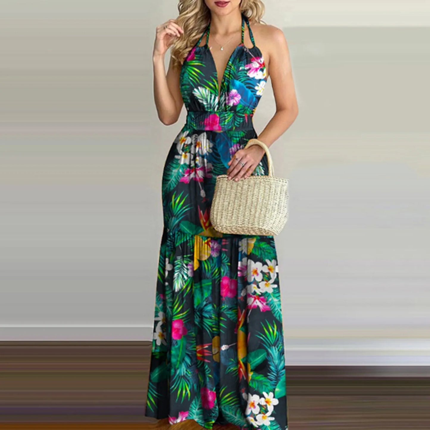 Long summer dress, bohemian floral style with open back.