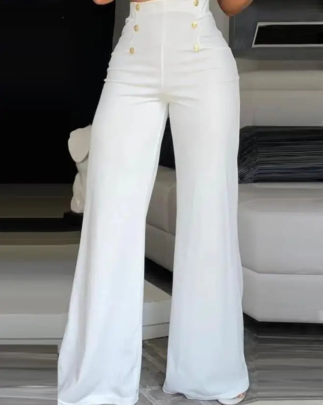 Pantalones elegantes de cintura alta y pierna ancha para mujer.