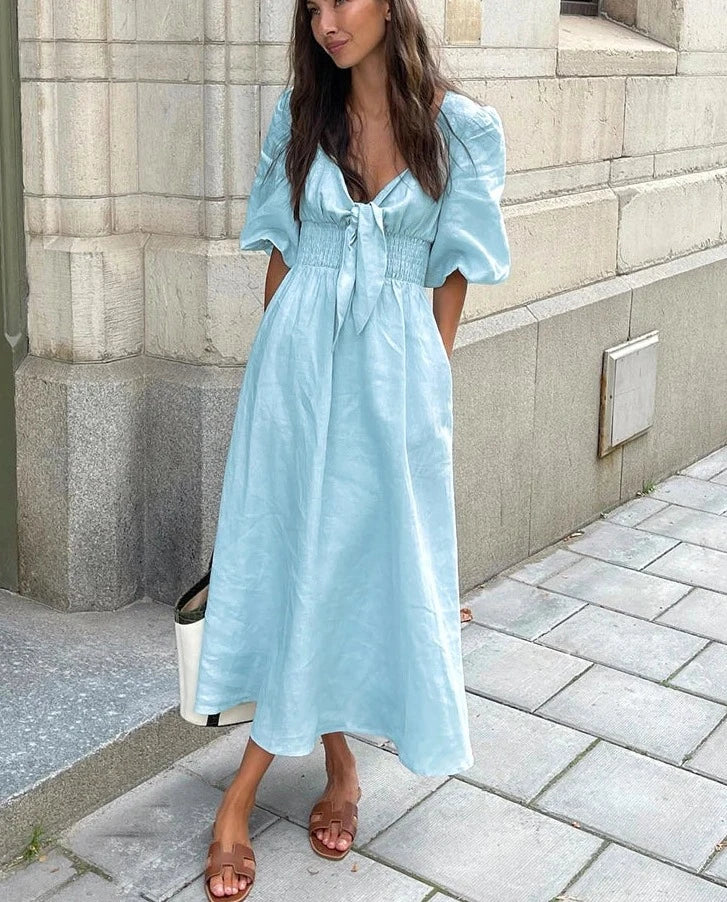 High Waist, Pleated, Short Sleeve Dress.