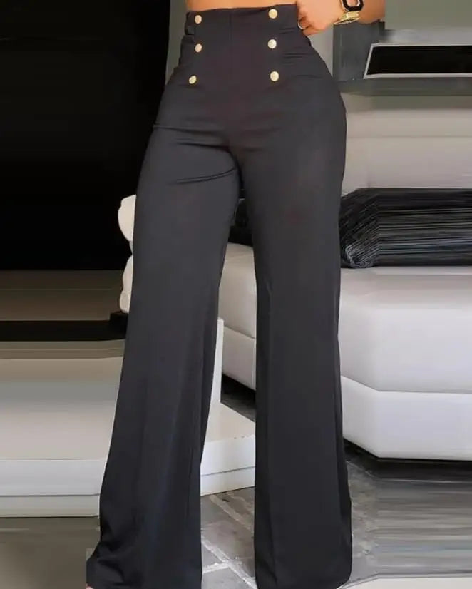 Pantalones elegantes de cintura alta y pierna ancha para mujer.