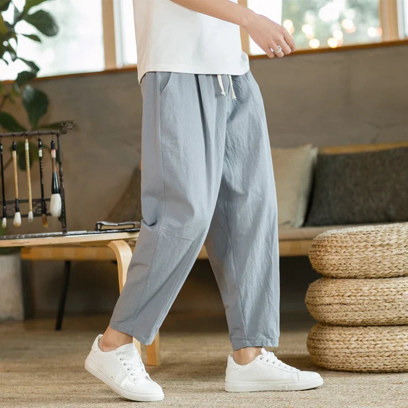 Pantalones para hombres de algodón y lino, moda casual