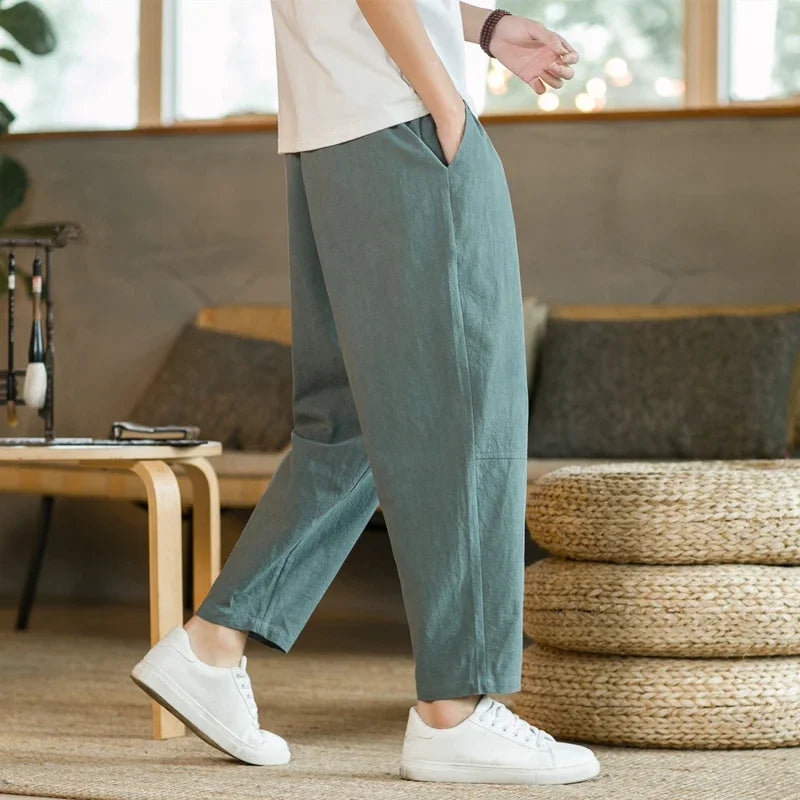 Pantalones para hombres de algodón y lino, moda casual