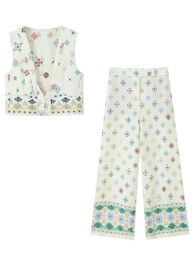 Bohemian set, two pieces with printed linen and cotton vest