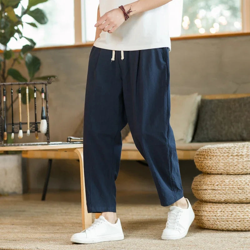 Pantalones para hombres de algodón y lino, moda casual