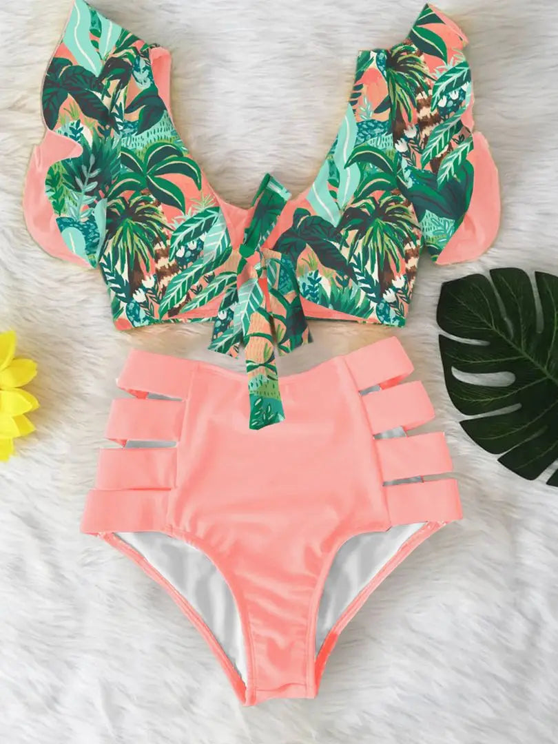 Set bikini a due pezzi a vita alta con orlo floreale con volant