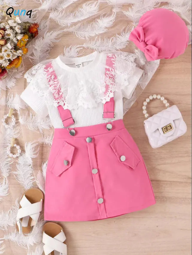 Conjunto para niñas. Blusa de Encaje  y  Falda de Tirantes