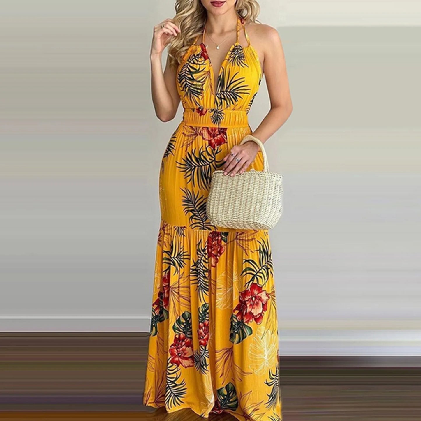 Long summer dress, bohemian floral style with open back.