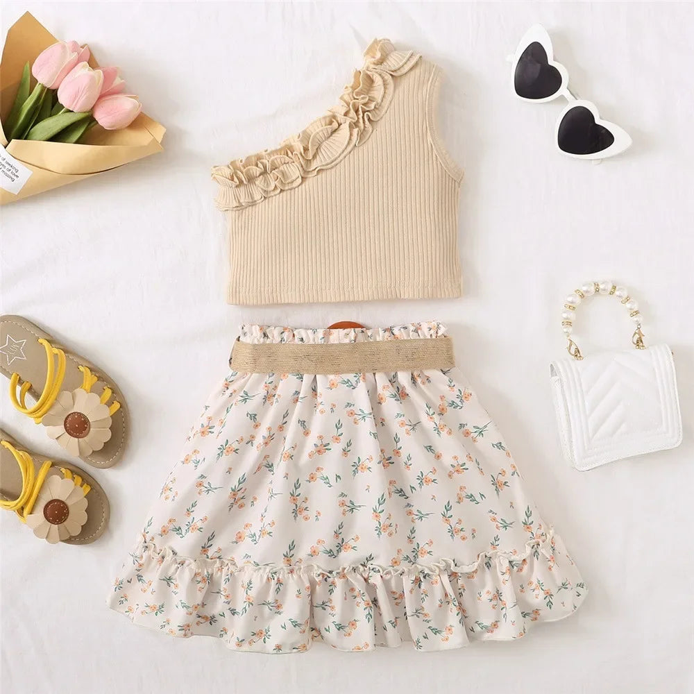 Conjunto de Ropa para Niña de 2 Piezas: Top Retro de Hombros Descubiertos y Falda de flores