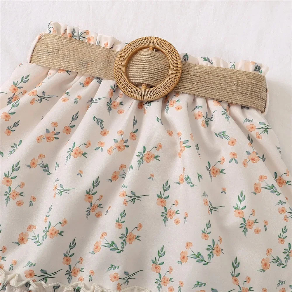 Conjunto de Ropa para Niña de 2 Piezas: Top Retro de Hombros Descubiertos y Falda de flores