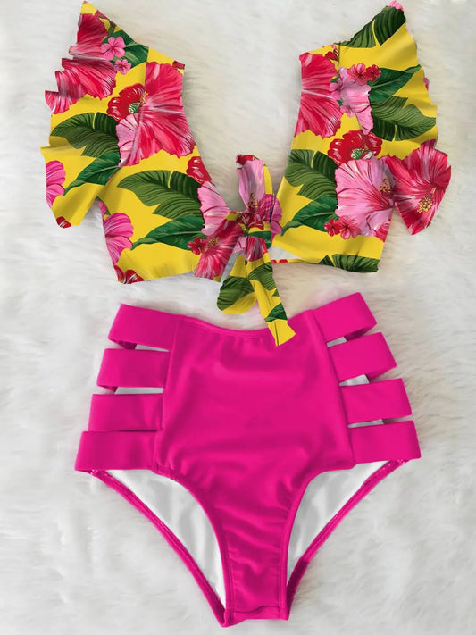 Set bikini a due pezzi a vita alta con orlo floreale con volant