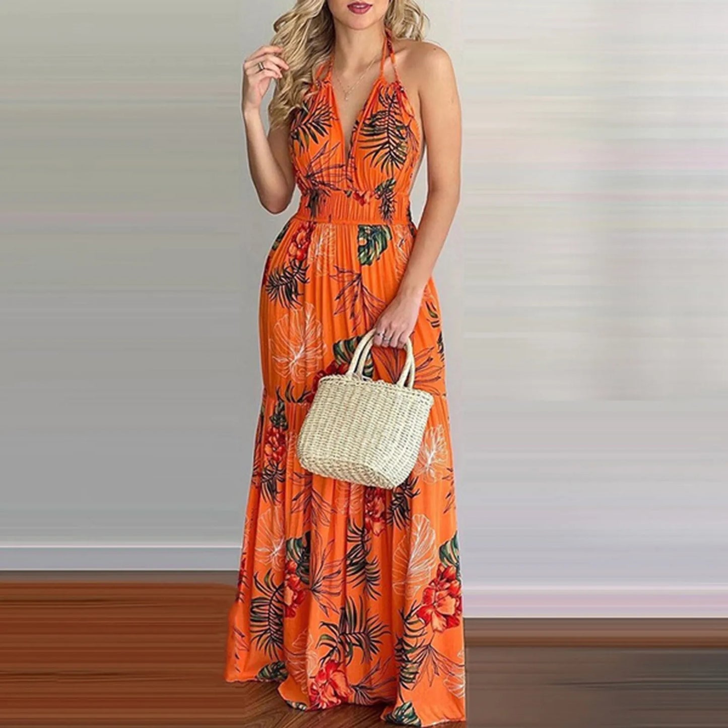 Long summer dress, bohemian floral style with open back.