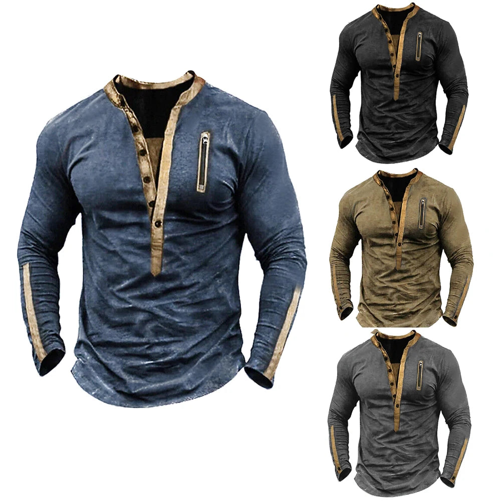 Camiseta de hombre, cuello Henley, manga larga.