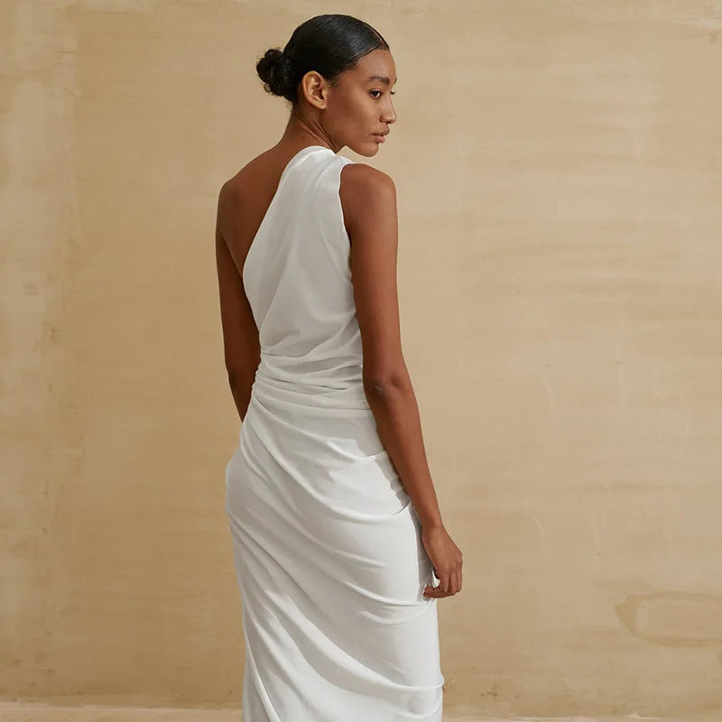 White summer midi dress, one shoulder, with side slit