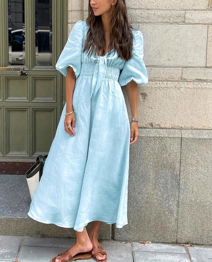 High Waist, Pleated, Short Sleeve Dress.