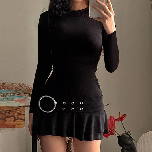 Short dress with ruffles, long sleeves, with belt, vintage