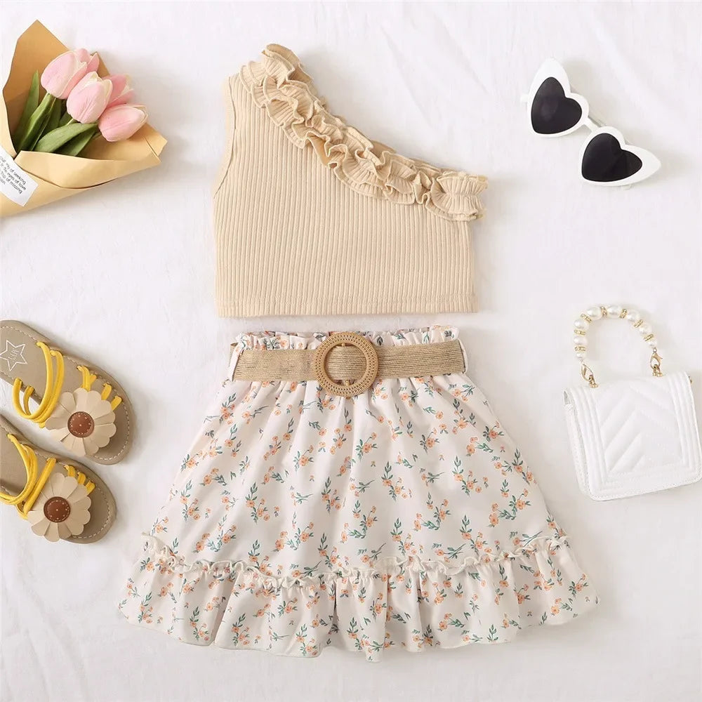 Conjunto de Ropa para Niña de 2 Piezas: Top Retro de Hombros Descubiertos y Falda de flores