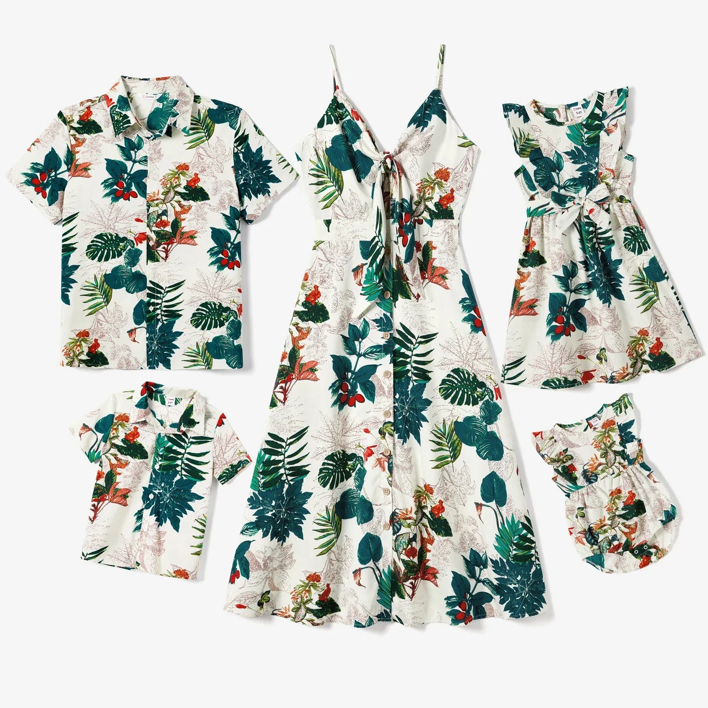 Conjuntos a juego para la familia, vestidos y camisas de manga corta con estampado floral