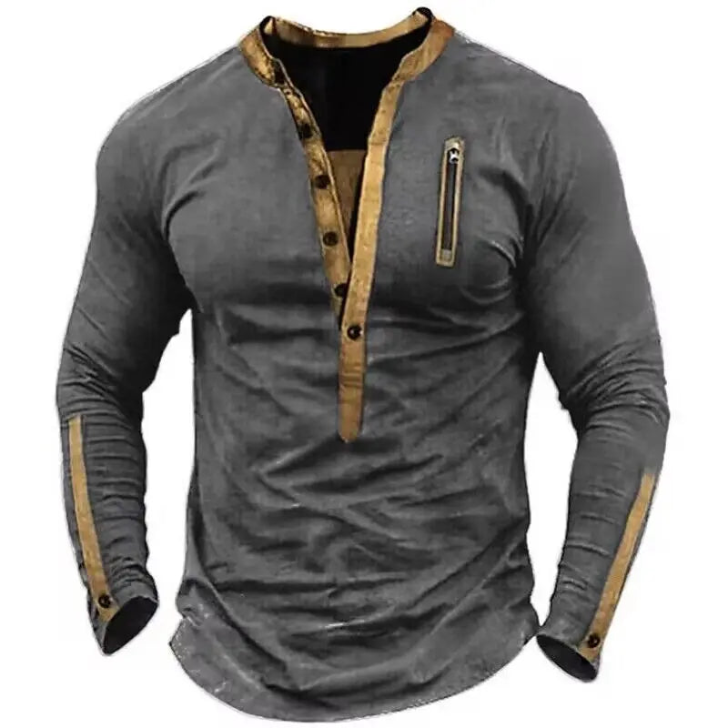 Camiseta de hombre, cuello Henley, manga larga.