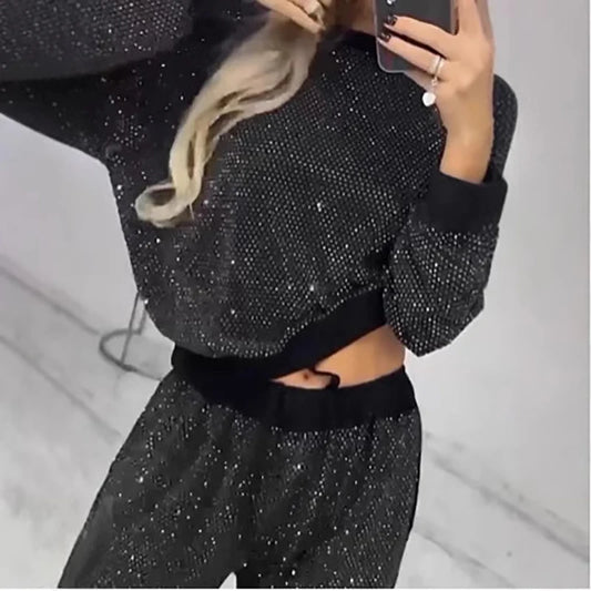 Conjunto Brillo Blusa Brillante de Manga Larga Conjunto de Pantalones con Cordón