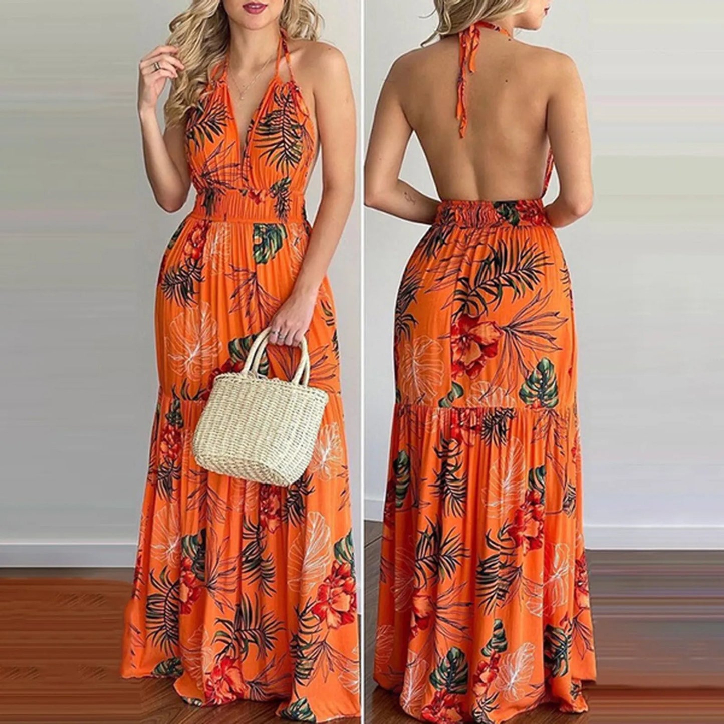 Long summer dress, bohemian floral style with open back.