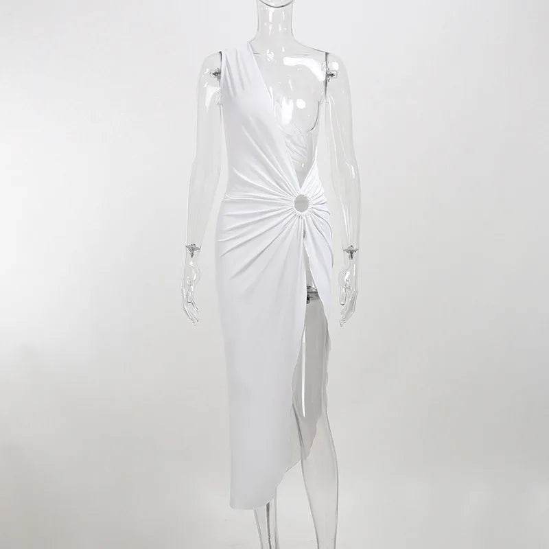 White summer midi dress, one shoulder, with side slit