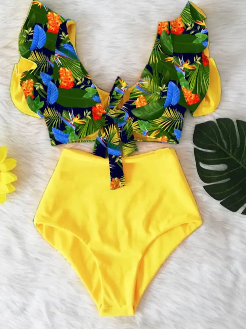 Set bikini a due pezzi a vita alta con orlo floreale con volant