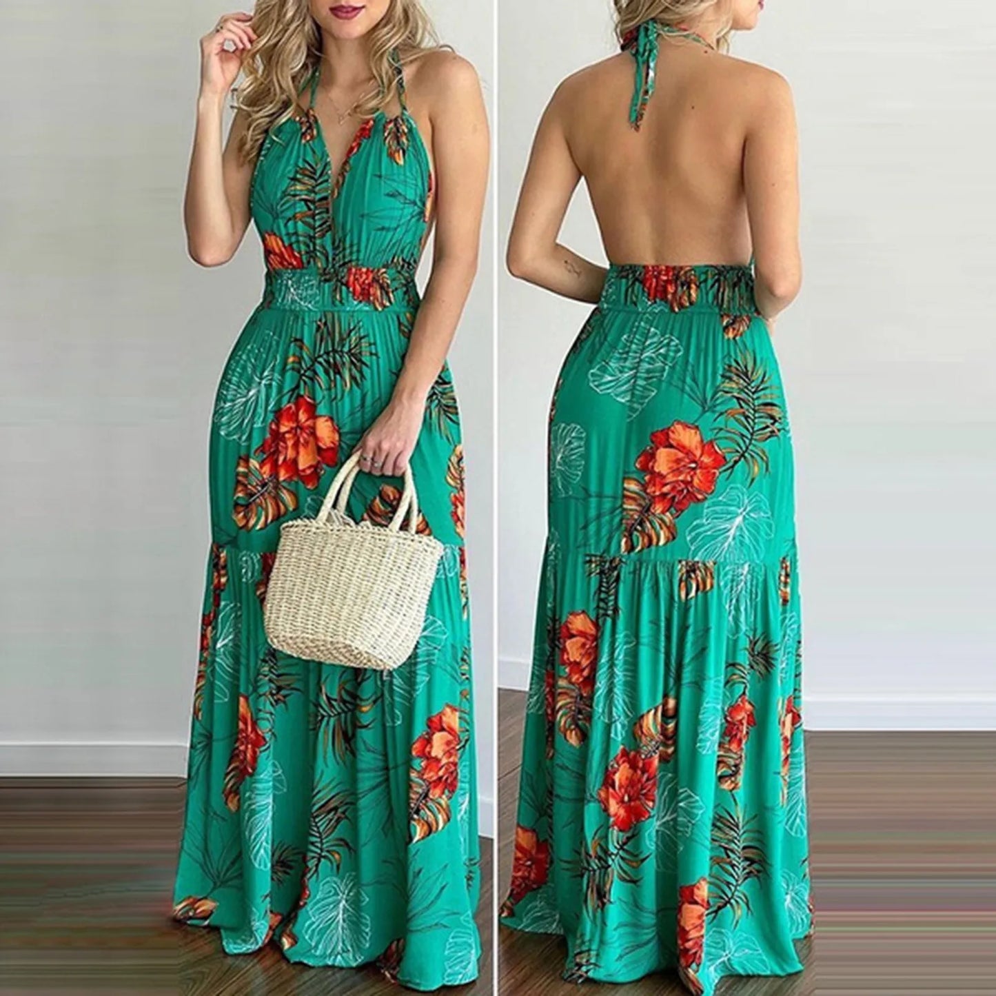 Long summer dress, bohemian floral style with open back.