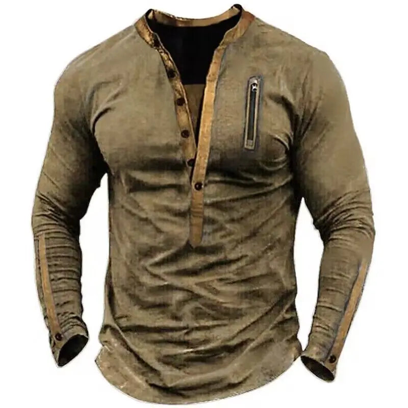 Camiseta de hombre, cuello Henley, manga larga.