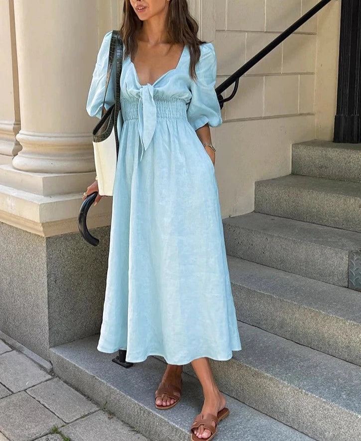 High Waist, Pleated, Short Sleeve Dress.